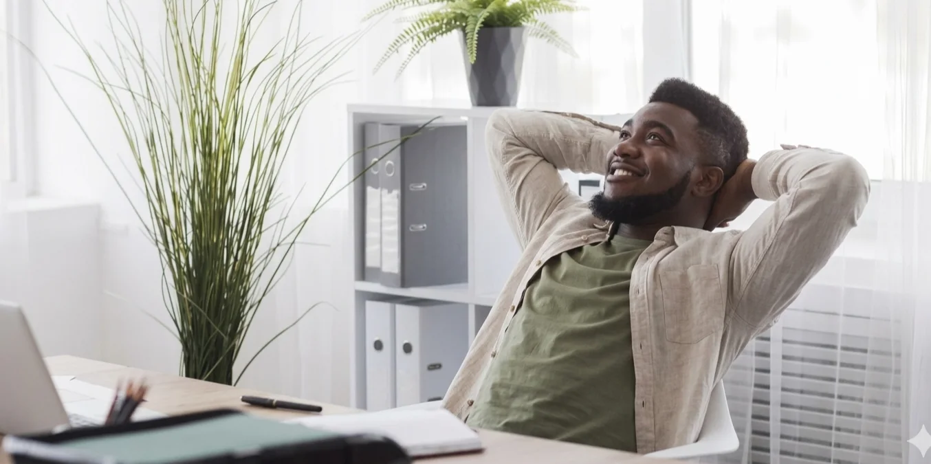 A relaxed business owner leaning back at his desk in a bright office